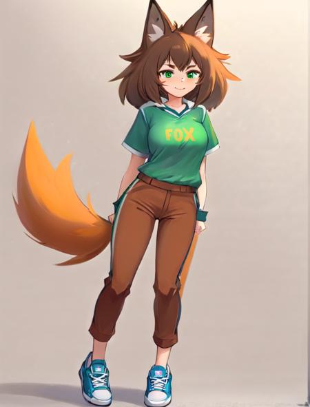 1girl,brown hair,  animal ear fluff, animal ears, arms under breasts, brown hair, brown pants, crossed arms, fox ears, fox girl, fox tail, full body, green eyes, looking at viewer, pants, shirt, shoes, smile, sneakers, solo, tail, wolf tail,  <lora:nRadioWave:1>