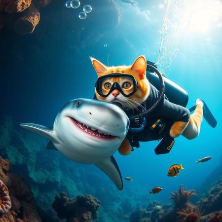 cat doing scuba diving,  scuba diving equipment,  near a smiling shark  under water, coral, rocks, sunlight, buble, fish, octopus