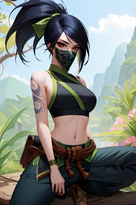 akali, 1girl, crop top, pants, hair ribbon, bare shoulders, ponytail, tattoo, black hair mouth mask