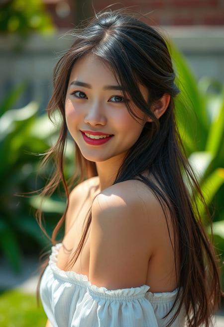 8k, hyper-realistic, masterpiece, ultra hd, hdr, cinematic quality, ultra detailed, film photography, ultra detailed, vibrant saturation, color accuracy, high fidelity, pixel-perfect, noise-free, refined clarity, enhanced contrast, luminous, brightness, visual precision, subtle gradations, optical accuracy, fine elaboration, perfect sharpness, vivid colors, texture-rich, scenic beauty, soft focus, photorealistic, subsurface scattering, absurd res, epic, reflections, absolutely eye-catching, dynamic pose, graphical effects, particles, long soft neat hair, cute woman, soft smile, summer, neat clothes
