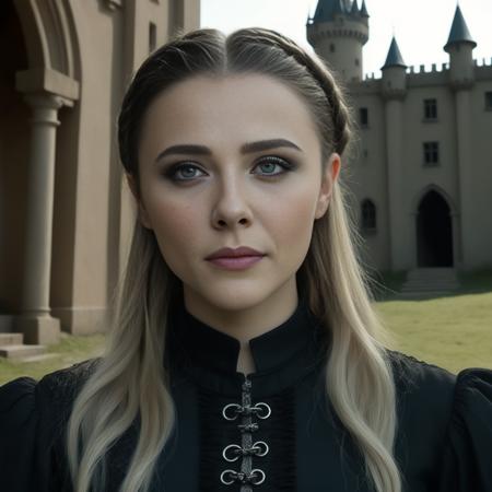 photo of (ohwx woman) as Wednesday Adamas, wearing gothic clothes, braided pigtails, in a castle, sharp focus, looking at the camera, makeup, cinematic look, <lora:ChloeGraceMoretz:1>