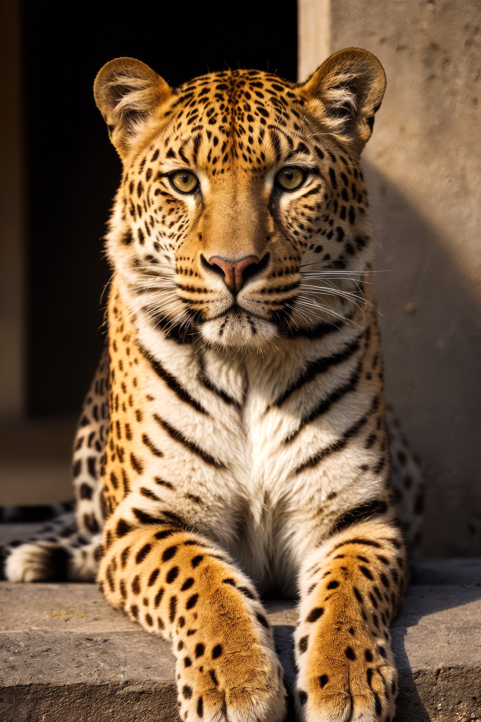documentary photography color photo of a leopard, look at viewer, sitting with head up, majesty, medium shot, ultra-detail...