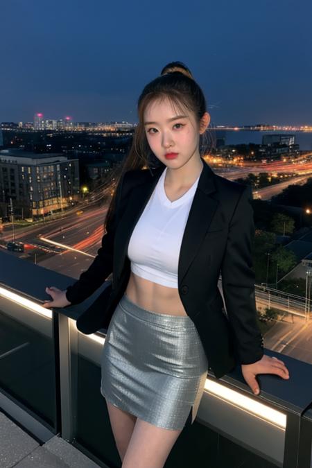 nikon RAW photo,8 k,Fujifilm XT3,close up photo, masterpiece, best quality, 1girl,solo,realistic, photorealistic, (extremely detailed face), ((looking at viewer)),  ultra-detailed eyes and pupils, ultra detailed, high ponytail, serious expression, standing against a city skyline at night, ((business suits)),shirts,Suit skirt, ((abs)), petite,  <lora:sieunlorashy:1>