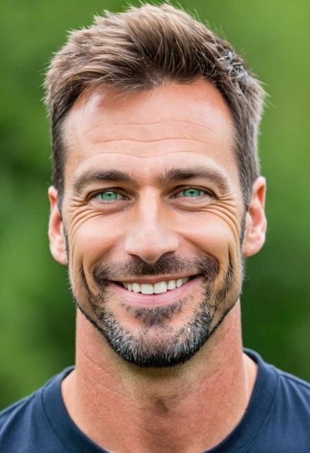 man, male, AndrwTggrt, face shot, 42 years old, looking at viewer, handsome, beautiful, attractive,  green eyes, brown hair, smile, eyebrow's piercing