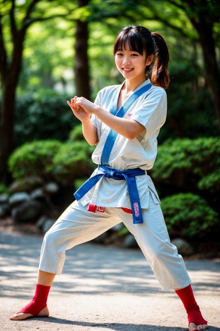 full body, photo of a 24-year-old japanese girl, practicing martial arts, happy, laughing, ray tracing, detail shadow, Porta 160 color, shot on Fujifilm X-T4, 85mm f1.2, depth of field, bokeh, sharp focus on subject, motion blur, <lora:add_detail:1>
