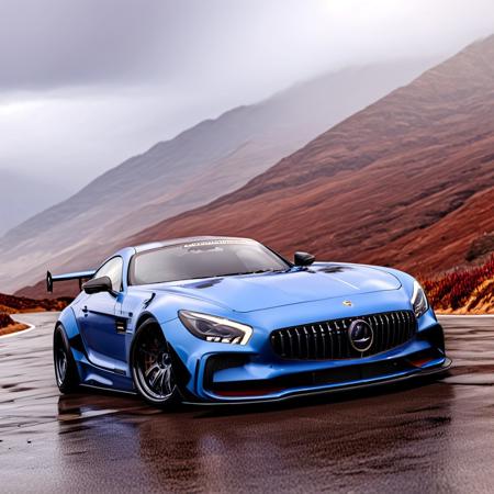 sportcar, widebody sports car, mountains, cloudy day, realistic, best quality, photo-realistic 8k, best quality, masterpiece, realistic, photo-realistic