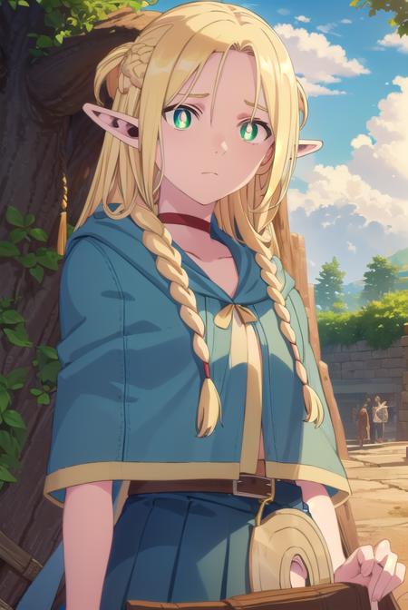 marcilledonato, <lora:marcille donato-lora-nochekaiser:1>,
marcille donato, long hair, blonde hair, (green eyes:1.3), braid, pointy ears, twin braids, elf, (bright pupils:1.5), (parted bangs:1.5),
BREAK choker, robe, red choker,
BREAK outdoors, nature, forest, trees, grass, river, sun, sky, clouds,
BREAK looking at viewer, (cowboy shot:1.5),
BREAK <lyco:GoodHands-beta2:1>, (masterpiece:1.2), best quality, high resolution, unity 8k wallpaper, (illustration:0.8), (beautiful detailed eyes:1.6), extremely detailed face, perfect lighting, extremely detailed CG, (perfect hands, perfect anatomy),