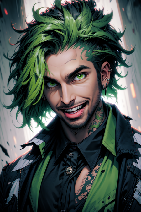 <lora:NijiSlimeV2:0.8> Niji Slime, 1boy, beard, black jacket, collared shirt, ear piercing, earrings, facial hair, formal, green eyes, green hair, jacket, jewelry, looking at viewer, male focus, piercing, portrait, shirt, smile, solo, tattoo, teeth, tongue, tongue out, torn clothes, upper body, white shirt