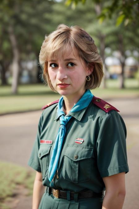 Portrait of princess diana, 1girl, (((princess diana))), solo, blonde hair, upper body, realistic, short hair, detailed eyes, closed mouth, bangs, thai_girlscout_uniform, close up