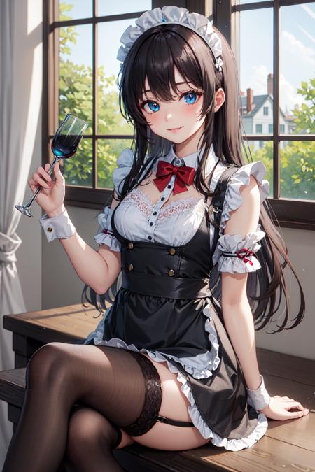 masterpiece, best quality, incredibly absurdress, highres, (high detail eyes:1.3), high detail background, 1girl, heterochromia, maid, rating:safe, maid_headdress, window, crossed_legs, enmaided, apron, thighhighs, red_eyes, blue_eyes, solo, long_hair, maid_apron, sitting, smile, garter_straps, looking_at_viewer, sunlight, black_legwear, alternate_costume, indoors,