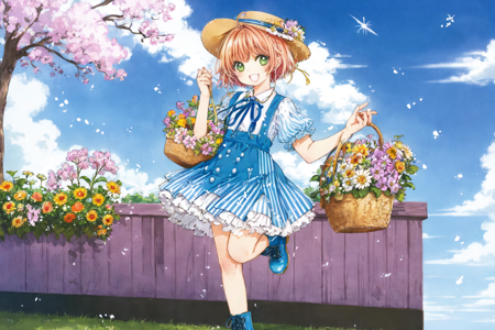 best quality, masterpiece, extremely detailed, detailed background, 1girl, flower, kinomoto sakura, dress, hat, striped dress, blue dress, cloud, ribbon, blue ribbon, open mouth, smile, short hair, cross-laced footwear, white headwear, retro artstyle, petals, :d, striped, vertical stripes, green eyes, basket, full body, kero, bangs, vertical-striped dress, blue footwear, sky, brown hair, standing, yellow flower, boots, neck ribbon, purple flower, leg up, antenna hair, holding, short dress, pink flower, frills, looking at viewer, daisy, blue sky, cloudy sky, happy, cat, shoes, striped skirt, holding basket, hat ribbon, blue flower, lace-up boots, outdoors, suspenders