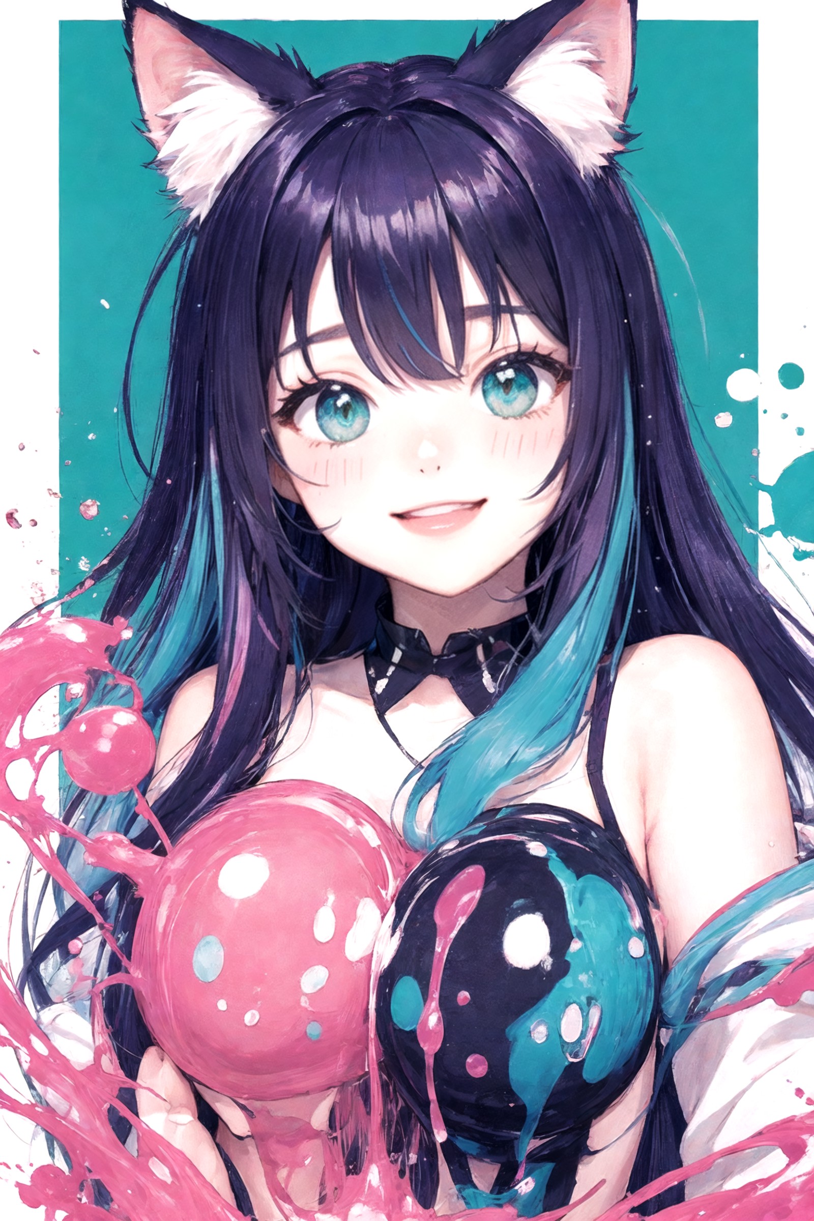 <lora:LCM_LoRA_Weights_SD15 - Copy:0.37>, geometric lines, ink splashes, colorful hair, multicolor hair, green eyes, big e...