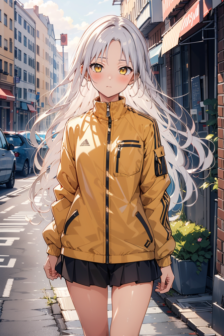 1girl, solo, BREAK outdoors, street, looking at viewer, (masterpiece:1.2), best quality, high resolution, unity 8k wallpaper, (illustration:0.8), (perfect hands, perfect anatomy), standing, blush, shiny hair, shiny skin, (parted bangs:1.2), kanade tachibana, silver hair, long hair, bangs, yellow eyes, yellow jacket, track jacket, long sleeves, skirt, expressionless, 