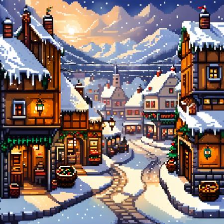 pixel art,<lora:pixel_art:0.8>,
a Christmas market in a bustling town near the docks, intricate shops, detailed snow and cobblestone paths, set around a quaint fishing dock (masterpiece:1.2), best quality, 8k,high angled view looking down