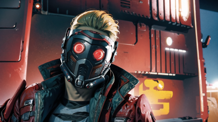 Star Lord, (masterpiece, best quality, ultra-detailed, highres),weapon, 1boy, solo, wings, male focus, jacket, mask, blonde hair, glowing, red jacket, upper body, gas mask <lora:Star_Lord-10:1>