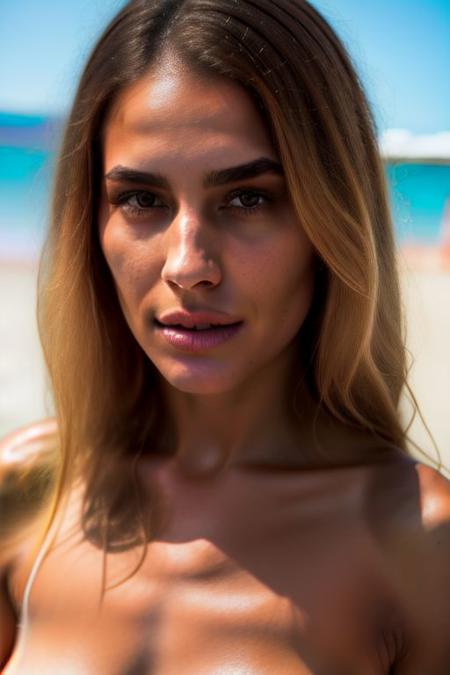 (close up,face shot :1,2) bare shoulder, beach Pose, sandy beach ,summer cloth see through