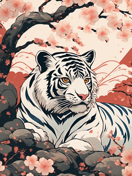 Anime retro japanese artwork, traditional japanese white tiger surrounded by vintage japanese elements, cherry blossom tree, anime style