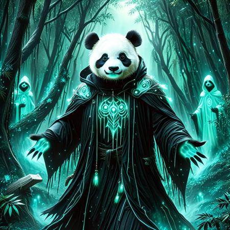 The Warden of the Hollow Glade A hooded (wraith-like panda guardian:1.5) cloaked in shadow and faint green glow, patrolling a cursed forest where twisted trees ooze bioluminescent sap, glowing bones and whispers in the mist, dark fantasy, gothic mood, eerie atmosphere ,
narrating excitedly, bright palette, expressive faces, score_9, score_8_up, score_8_up, masterpiece,super detailed face, super high resolution, FaceDetail, masterpiece-level, highly detailed, intricate details, detailed background, complex background, cinematic, intricately detailed illustration, depth of field, masterpiece, best quality, amazing quality, very aesthetic, absurdres, newest, very awa, shadow, dynamic angle,