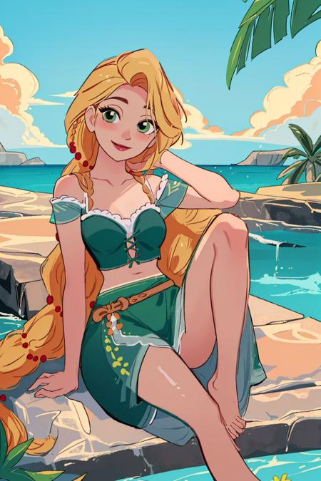 (masterpiece, best quality, high resolution:1.4), rapunzel, green eyes, (long braid:1.3), looking at viewer, green island outfit, barefoot,  smile, outdoors, <lora:Rapunzel_v22:1>