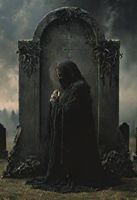 praying kneeling mother in a robe of feathers, looking at a gravestone, eerie glowing halo, winged, realistic, nighttime, <lora:The_Dark_Side_of_the_Earth:0.7>  <lora:- SDXL - pony_random_stuff_V1.0:0.8> <lora:- SDXL - vntblk_vanta_shapes_V1.0:0.6>