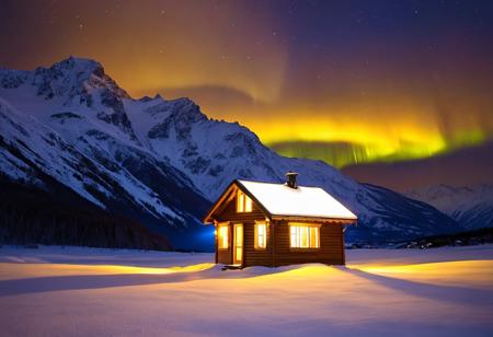 morph-aurora, masterpiece, best quality, dramatic lighting, a small wooden house in the snow mountains, warm yellow light behind the window, glowing sky, nighttime, amazing composition