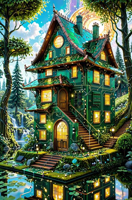 digital painting of a whimsical, fairy-tale style cottage entirely made from green circuit boards, microchips, and electronic components, surrounded by lush greenery designed from flexible PCB textures and etched pathways, ivy-like wires wrapping around the walls, a steep staircase of glowing circuitry leading up to the front door, warm yellow LED windows emitting soft light, conical roof covered with mossy capacitors and copper lines, located on a small hill made of layered motherboard textures beside a calm, reflective pond with subtle pixel-like ripples, tall stylized trees in the background with branches made of cable bundles and glowing leaves, bright blue sky with a radiant sun and a few soft holographic clouds, magical and enchanting atmosphere, intricate electronic details, vibrant green and copper tones, fantasy setting reimagined through technology, peaceful and dreamy vibe, no humans, water reflection showing PCB details, steps glowing slightly, richly textured background, whimsical tech architecture with fairy-tale inspiration, magical realism fused with circuit design. TzigoCBS SDXLposXL,