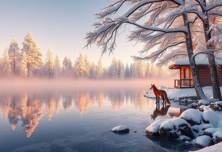Frozen lake's glassy surface mirrors the frosty trees' delicate rime ice, their branches sparkling like diamonds in soft morning light. Snow-encrusted pines stretch towards the pale blue sky, their limbs etched in crystalline clarity. The wooden cabin's windows warm against the cold, while mist rising from the lake creates an otherworldly haze. A single red fox stands at the edge of the ice, its fur a vivid contrast to the frosty surroundings. Snow-crystals glisten like microscopic jewels on tree branches and surrounding rocks. Hyper-realistic lighting captures the serene atmosphere, inviting exploration of this peaceful winter wonderland.