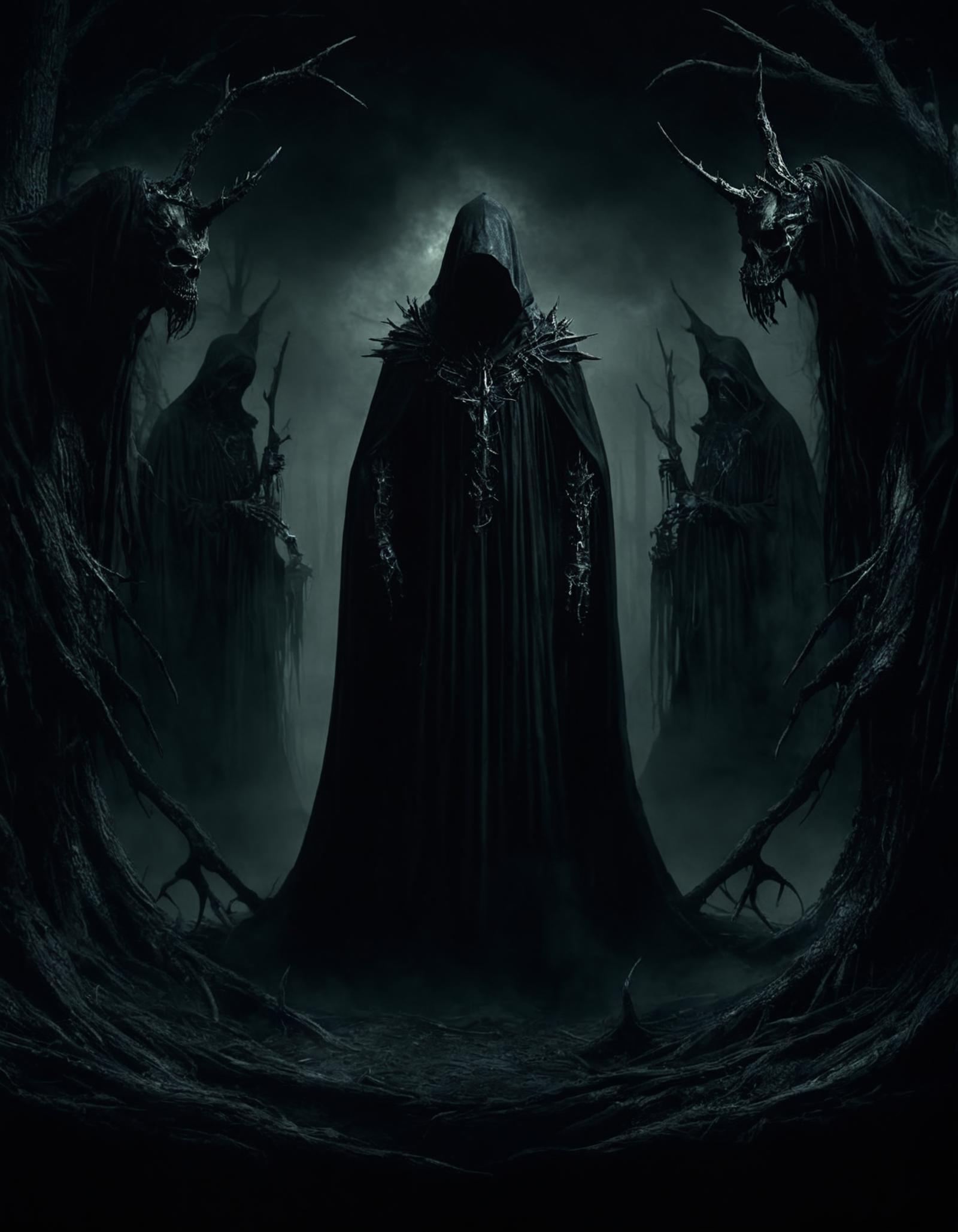 Dark Fantasy Artwork: A Demon King in a Black Robe with Horns and a Sword