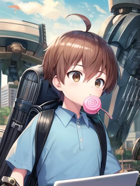 best quality, masterpiece, highres, detailed, perfect anatomy,  <lora:Detail - add_detail:0.2>, ChildEmp, 1boy, brown hair, brown eyes, blue shirt, male child, backpack, typing, machinery, mechanical arms from backpack,  <lora:ChildEmperor-10:0.8>, ahoge, city park, upper body, computer, smug, blowing bubble gum,