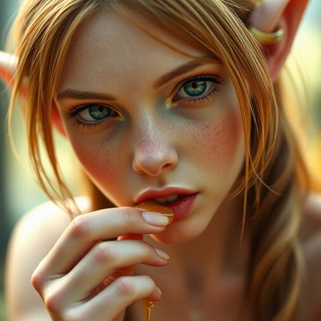 A breathtakingly beautiful elf is looking seductively at the viewer while licking honey off her fingers, best quality, clear focus, high definition, realistic
