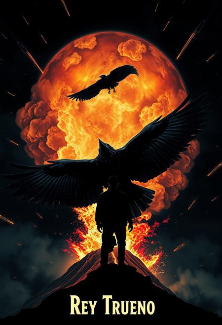 vintage movie poster with black SKY very clean colours, meteors falling from sky, and a black raven flying with wings  like thunders coming out from a volcano erupting ,wind seems like flames, behind a very clear silhouette of man from Tijuana mexico looking to the raven in skt. extremely intricate, stylized and classy concept art, a professional photograph. Detailed Textures, high quality, high resolution, high Accuracy, realism, color correction, Proper lighting settings, experimental art composition
Text "Rey Trueno",