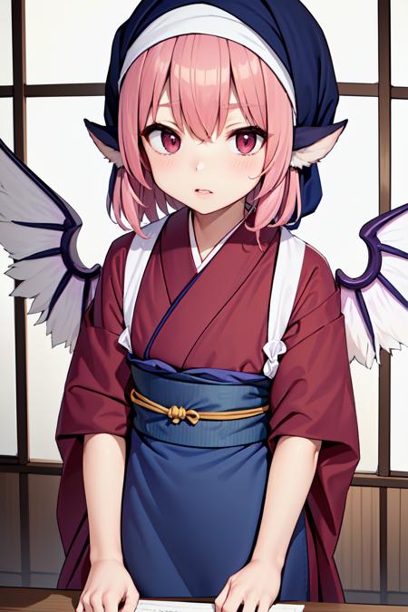 (animal_ears:1.2), (sash code:1.3), (white_tasuki wings:1.2), (okamisty:1.5), (mystia lorelei:1.2), lips, (maroon_kimono:1.4),  (dark blue headscarf:1.5), (indigo blue_apron:1.2), (pink hair:1.2), <lora:oka_mysty2:0.5>