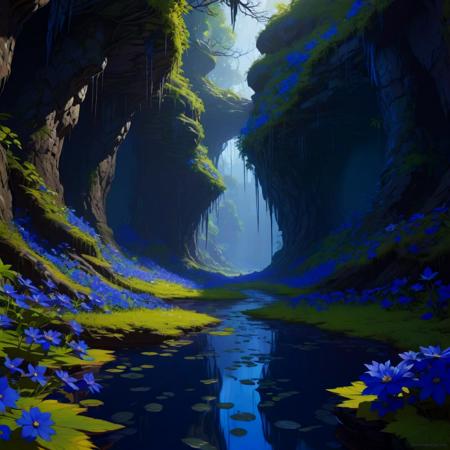 Dense Gator skin caverns in fall with dark blue flowers, aesthetically inspired, fantasy art by greg rutkowski, loish, rhads, ferdinand knab, makoto shinkai and lois van baarle, ilya kuvshinov, rossdraws, tom bagshaw, global illumination, radiant light, detailed and intricate octane render environment