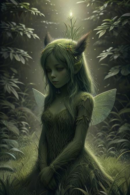 masterpiece, high quality, best quality,  grassify, green_theme,  fairy_horns, fairy_wings, , grass, topiary,  wearing tiny hat,  small glowing red fireflies <lora:grassify:.666>