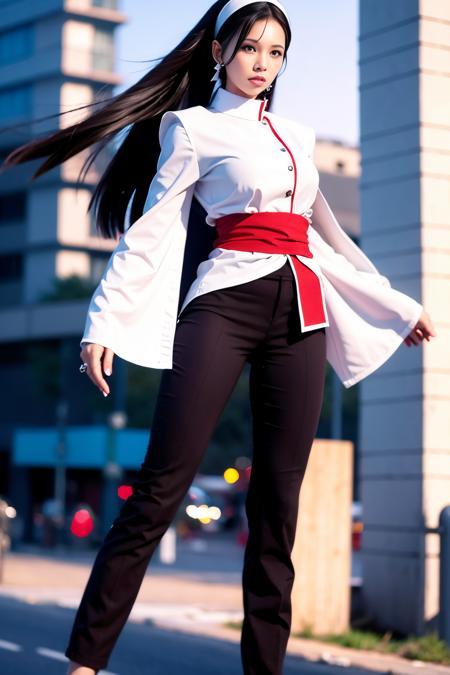 Chizuru Kagura,full body,white headband,black hair,(black trousers),(city:1.5), best quality, ultra high res, (photorealistic), <lora:Chizuru_Kagura_v0:0.6>