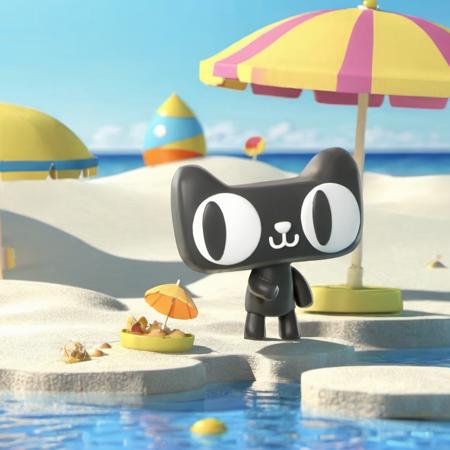 ip,cartoon,high quality,HD,3D,3D,c4d,blender,sand,lying in the sun,Parasol,over the sea,<lora:tianmao IP:1>,