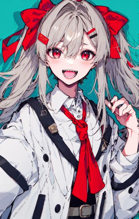 1girl, :d, bangs, belt, blue_background, blush, bow, collared_shirt, eyebrows_visible_through_hair, green_background, grey_background, grey_hair, hair_between_eyes, hair_ornament, hair_ribbon, hairclip, hand_on_hip, jacket, long_hair, long_sleeves, looking_at_viewer, low_twintails, neck_ribbon, off_shoulder, open_clothes, open_jacket, open_mouth, red_bow, red_eyes, red_neckwear, red_ribbon, ribbon, shirt, simple_background, smile, solo, teeth, twintails, upper_body, virtual_youtuber, white_jacket, white_shirt <lora:style_mochikei:1>