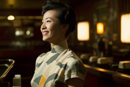 close-up, wide-angle portrait of a giggling 26 y.o.woman (styled in a dark 1940's pencil dress:1.2), (highly detailed face:1.5), (highly detailed skin:1.4), (1940's Pompadour Hairstyle:1.1), (background inside a dark, old, 1940's big-band bar:1.4), (soft studio lighting, volumetric shadows), Kodak Panchromatic Cine Film,wong-kar-wai,8k uhd, high quality, film grain, <lora:wong-kar-wai:0.6> <lora:epiNoiseoffset_v2:1>