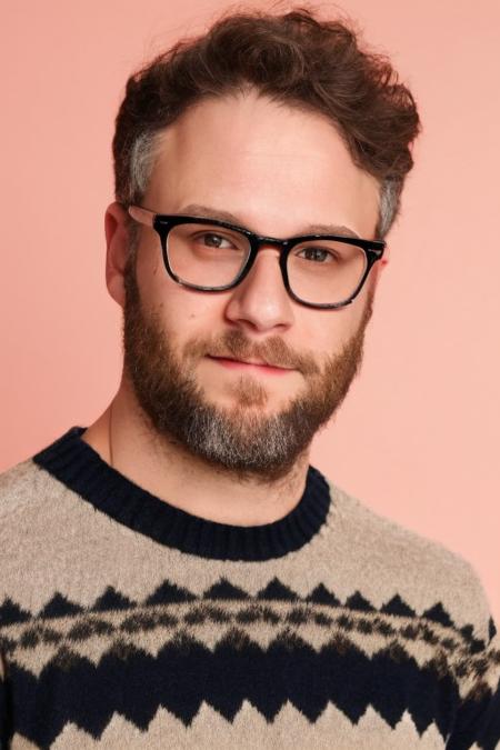 <lora:Seth_Rogen_Lora-12:1>, man, glasses, high quality, wearing sweater,  detailed face, headshot, natural lighting, realistic, plain pastel background