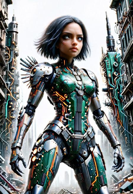 In a futuristic abandoned city made out of transistors and ral-elctrprts, Alita \(Battle Angel\), a fighting angel from the future, is engaged in a fierce struggle with the enemy.
Her full-body armor is made made out of mad-circuit and transistors.
Her eyes are firm and resolute, showing the desire for victory.
mobe-cybideen, lazypos, epic CG masterpiece, hdr, dtm, full ha, 8K, ultra detailed graphic tension, dynamic poses, motion, cinematic lighting effects, realism, super realistic, super vista, super wide angle, high-definition picture, real effect, hyper-realistic portraits.