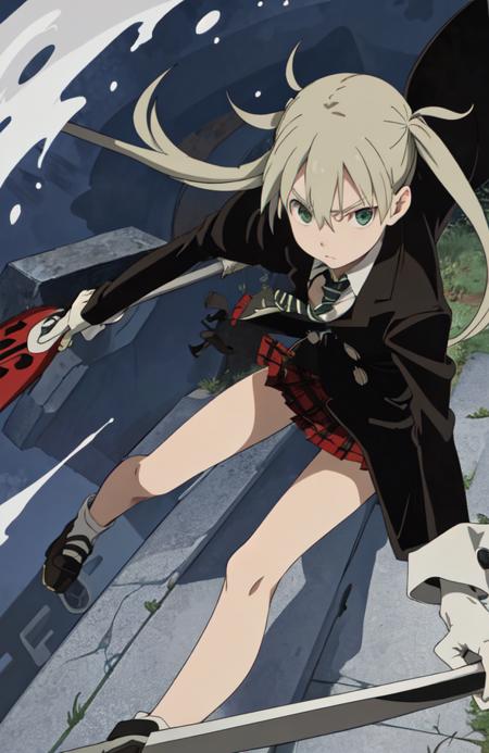 maka albarn, green eyes, blonde hair, medium hair,  twintails, school uniform, plaid red skirt, coat, long sleeves,striped necktie, white gloves, boots holding weapon, straight stick,weapon, scythe, moon, blue glowing