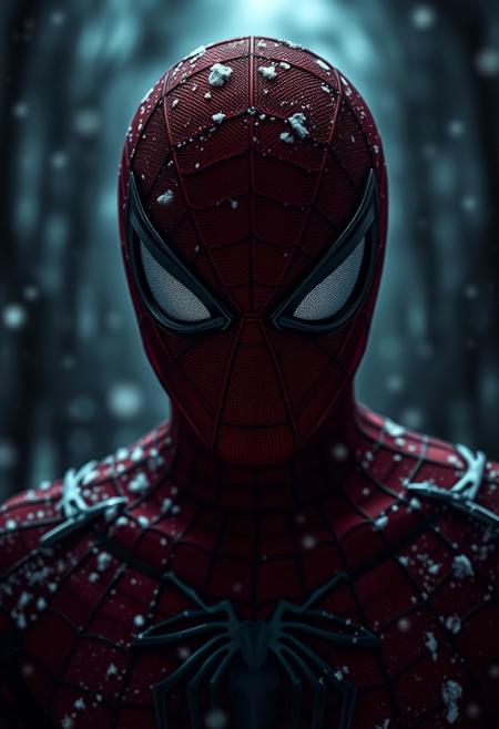 symmetrical super close up shot of Spiderman in a Black winter day, gothic, sad environment, poetic, Dark, melancholic, Epic, hyper detailed, ultra realistic, top dramatic lights, dynamic shadows