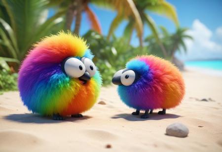 tiny cute fluffly fantasy creatures on a tropical beach, rainbow fuzz, adorable, unreal engine, octane render, bokeh, vray, houdini render, quixel megascans, arnold render, 8k uhd, raytracing, cgi, lumen reflections, cgsociety, ultra realistic, 100mm, film photography, dslr, cinema4d, studio quality, film grain