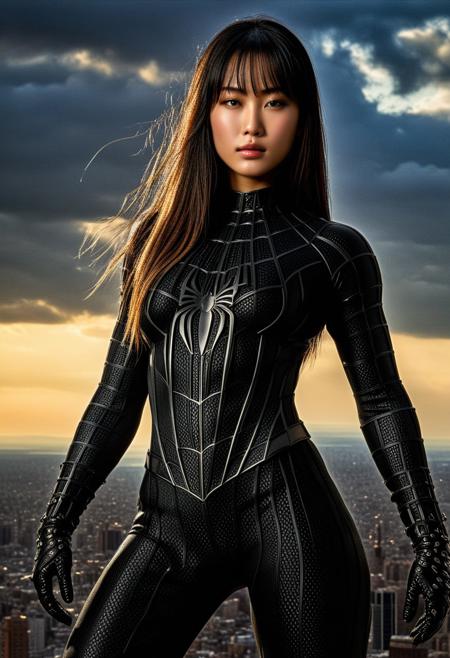 score_9, score_8_up, score_7_up, best quality, realistic, masterpiece, beautiful detail, hyperrealistic, afternoon sky, ((1girl, woman body, huge breasts)), amazing detailed full body portrait of a beautiful japanese girl, wearing a realistic and highly detailed black raimi spider-man suit, ((huge muscular girl)), professional model wears ultra - detailed black raimi spider - man suit, ultra - detailed and grained black raimi spiderman suit, suit covered entire body and hand, black spiderman gloves, wet, (full body), (dirty skin), close up, octane render, highly detailed, volumetric, dramatic lighting, (highest quality:1.1), (HDR:1.3), (top quality, best quality), realistic, high definition, Expressionism - sharp focus, professional photography, masterpiece, ultra detailed photograph, high quality, 8k,