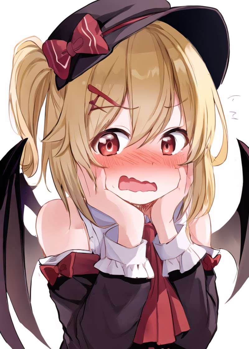 embarrassed, 1girl, blonde hair, blush, hat, red eyes, open mouth, solo focus, wings, ascot, side ponytail, mob cap, bow, ...