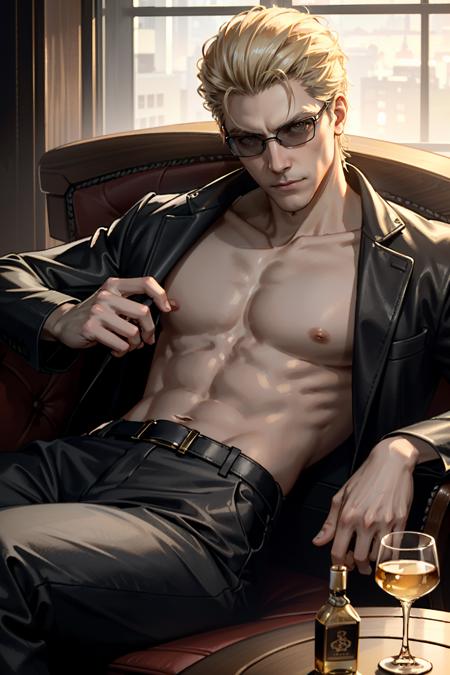 ((ultra detailed, masterpiece, best quality))
 <lora:REAlbertWesker:0.8>
REAlbertWesker, 1boy, solo, blonde hair, Inside a luxurious penthouse suite, sophisticated yakuza attire, reclining on a leather chair with a glass of whiskey, surrounded by opulence