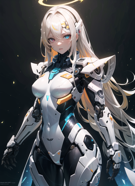 masterpiece,best quality,ultra-detailed,very detailed illustrations,extremely detailed,intricate details,highres,super complex details,extremely detailed 8k cg wallpaper,cowboy shot, caustics,reflection,ray tracing,demontheme,nebula,dark aura,cyber effect, 
1girl,solo,alone,mecha musume,mechanical parts, robot joints,single mechanical arm, headgear, mechanical halo,star halo,intricate mechanical bodysuit, mecha corset, kimono, full armor,  (black armor)
very long hair,white hair, hair between eyes, multicolored hair, colored inner hair, red eyes,glowing eye,eye trail, random expressions,random action, ancient japanese architecture,pond, starry sky,skyline, 
(Thick Body:1.4), (Long Blond Hair:1.4), Green Eyes, HDR (High Dynamic Range), Ray Tracing, NVIDIA RTX, Super-Resolution, Unreal 5, Subsurface Scattering, PBR Texturing, Post-Processing, Anisotropic Filtering, Depth-Of-Field ,Maximum Clarity And Sharpness, Multi-Layered Textures, Albedo And Specular Maps, Surface Shading, Accurate Simulation Of Light-Material Interaction, Octane Render, Two-Tone Lighting, Low ISO, White Balance, Rule Of Thirds, Wide Aperture, 8K RAW, Efficient Sub-Pixel, Sub-Pixel Convolution, (Luminescent Particles:1.4), {{Masterpiece, Best Quality, Extremely Detailed CG, Unity 8k Wallpaper, 3D, Cinematic Lighting, Lens Flare}}, <lora:mecha_offset:1> <lora:add_detail:0.2>