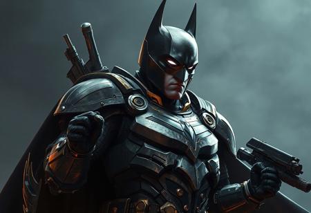 "Create a highly detailed, lifelike depiction of Batman in full Gravitation armor, inspired by Samuel F.B. Morse and Ralph McQuarrie, with a destiny concept art style. The color palette should be grey and gold. Include pulse rifles and a heavy cloak. The image should follow the rule of thirds, with a slightly noisy color scheme. This artwork should be trending on ArtStation with a vibrant 8k resolution."