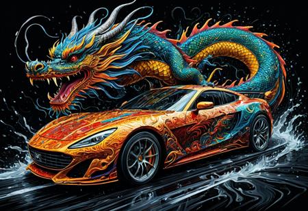 Finely detailed vector illustration, classical sports car, chinese dragon, symbiosis, ultra realistic quality, interwoven pattern, black background, hyperdetailed, intricately detailed,  triadic colors,fantastical,intricate detail,splash screen,complementary colors, fantasy concept art, 8k resolution, masterpiece, oil painting, thick strokes, rich strokes, running drops,