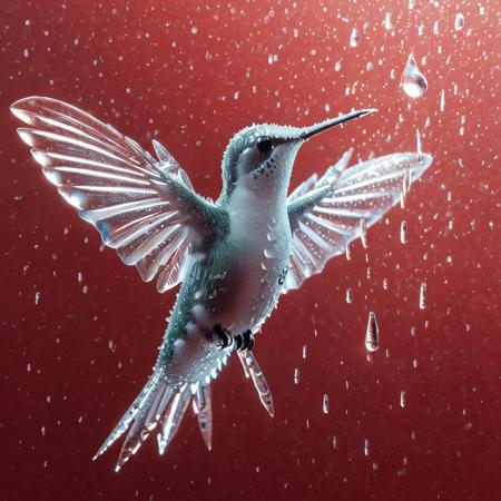 Ice humming bird in flight composed of ice with heavy rain water drop falling on a shimmering water surface, pale red to dark red background
